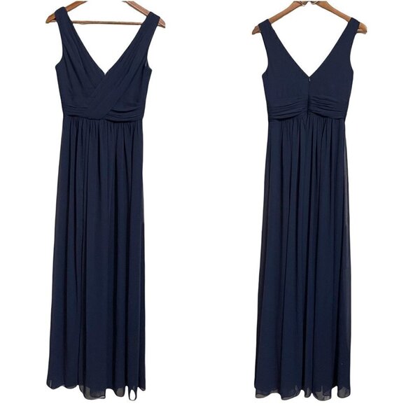 Dessy Collection Womens NWOT Blue Sleeveless Draped Chiffon Front Slit Gown Sz 6 - Picture 2 of 10